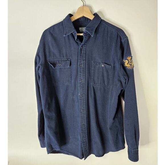 Vintage Polo Ralph Lauren Denim Button Down Size L Patched Classic Custom Fit - Picture 1 of 9
